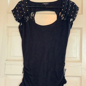 Black cap sleeve top w/ lace accents & open back